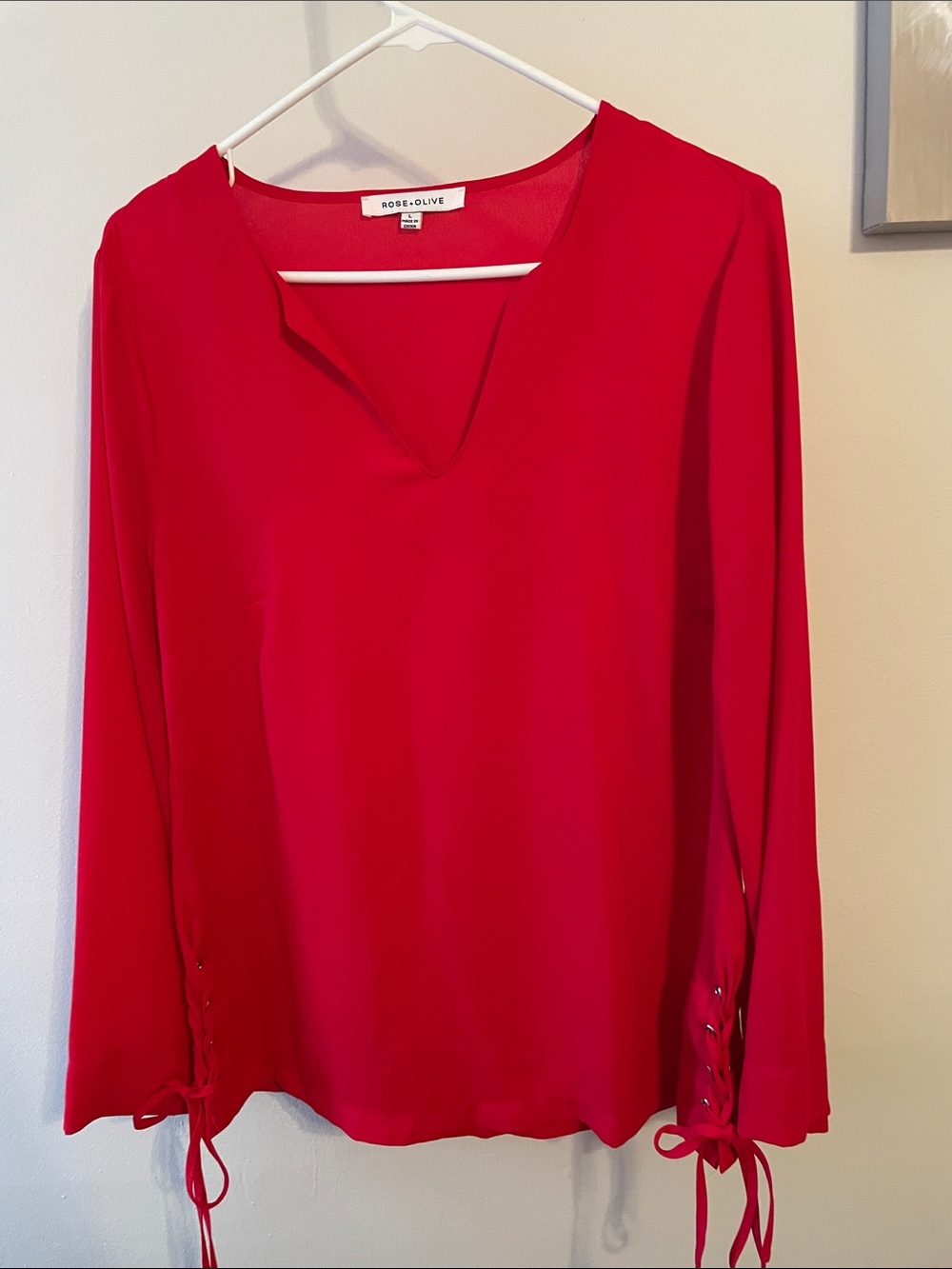 Rose & Olive Vibrant Red V-Neck Long Sleeve Top with Tie Cuffs
